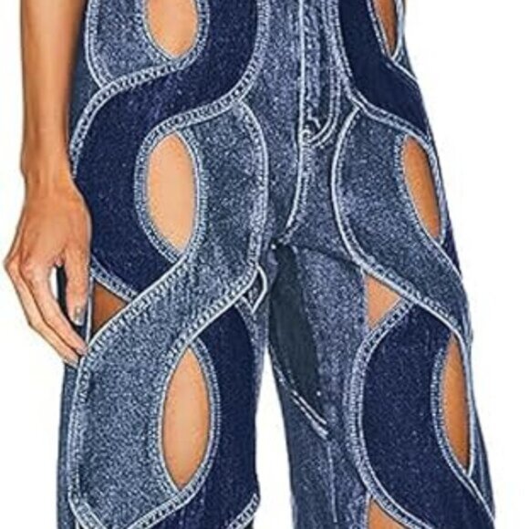 Hollow Out Cable Twist Heart Contrast Cutout Flare Jeans Pants - Picture 4 of 8